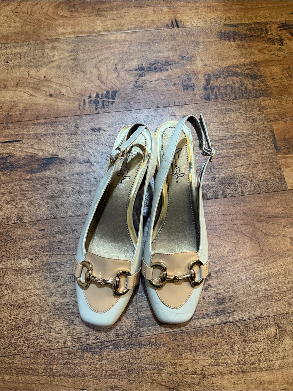 Women's Two-Tone Cream and Tan Slingback Heels with Gold Hardware